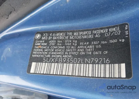 2002 BMW X5 4.6Is from USA, damaged, VIN 5UXFB93502LN79216